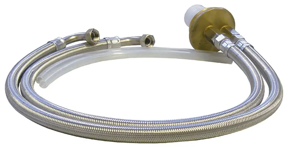 Schlauchset von Syr für die Wasserbehandlung, bestehend aus mehreren flexiblen, metallummantelten Leitungen mit Anschlüssen und einer transparenten Schlauchleitung.